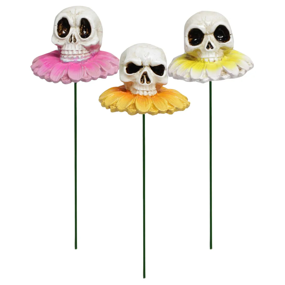 

3pcs Skull Plugin Garden Ornaments Flower Pot Stake Sturdy Stick Ornament Wear Resistant Yard Resin Decor Halloween