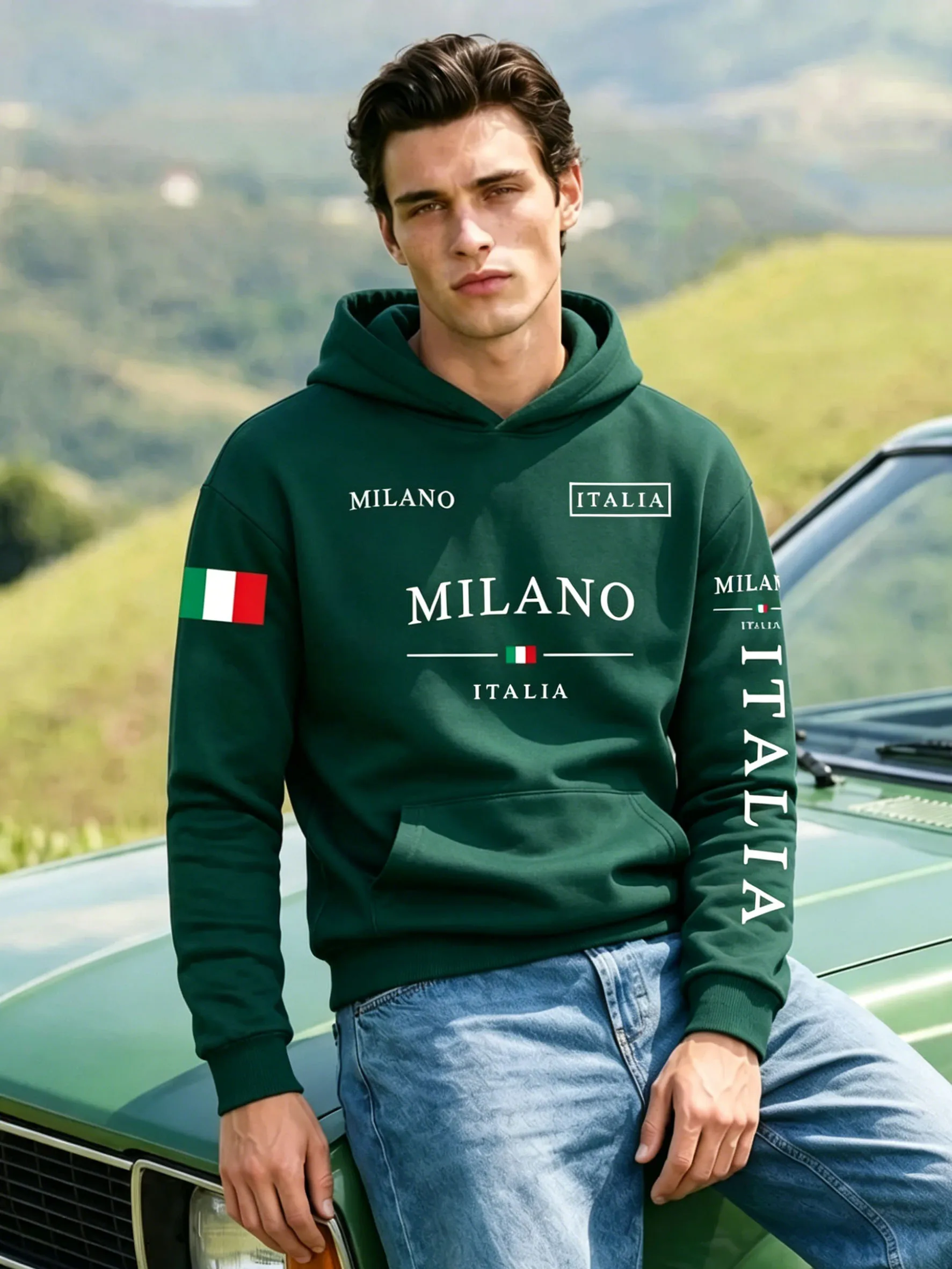 Image of Herren MILANO ITALIA Print Hoodie Vintage Italien Flagge Übergroßer Sport-Urlaubs-Kapuzenpullover Damen Casual Streetwear Paar-Oberteil