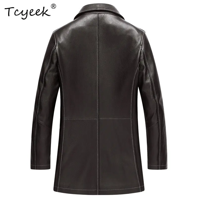 Tcyeek High-quality Deerskin Real Leather Jacket Men Autumn Clothes Mens Coats Mid-length Trench Coat Slim Fit Trendy 남성가죽자켓