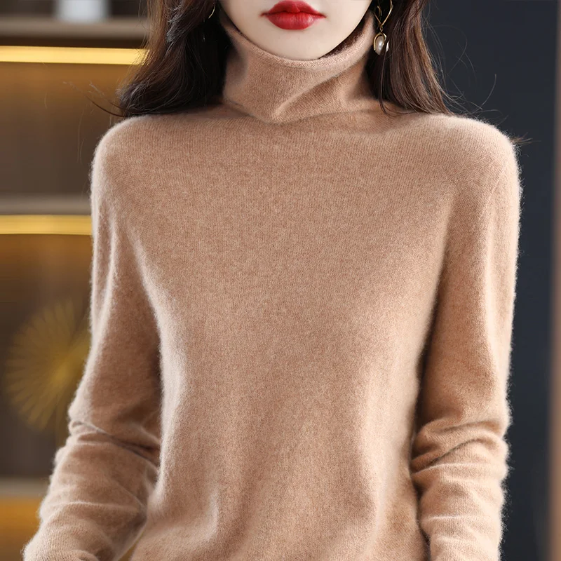 

Seamless Cashmere Sweater Women's Pile Neck Pullover Top Autumn Knitting 100% Merino Wool Sweater Fashion Slim Bottoming Shirt