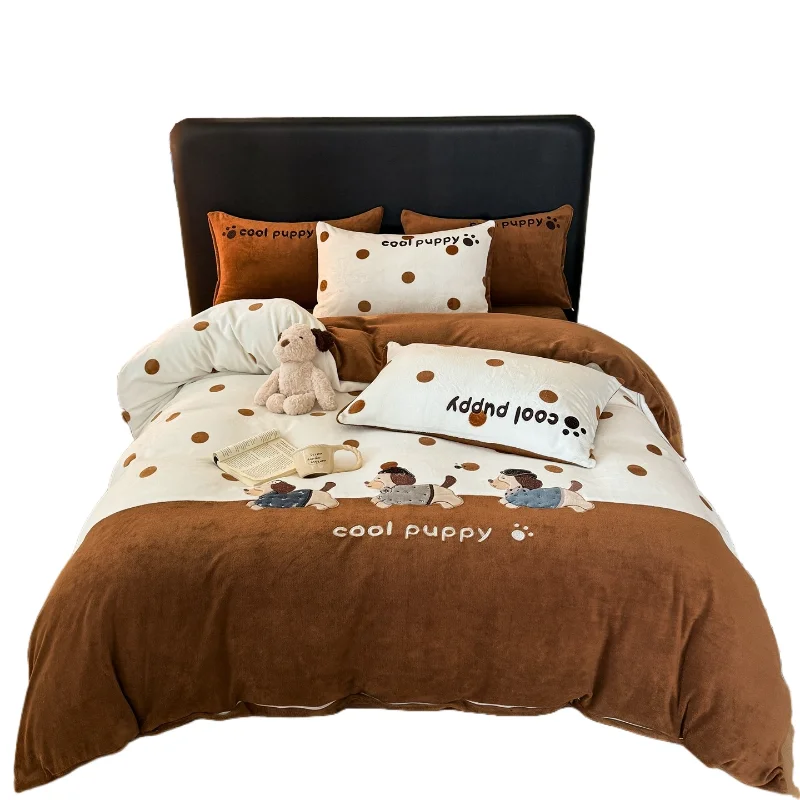 Cartoon new sticker embroidered milk fleece bed four-piece set coral fleece quilt cover bed sheet mattress dormitory three-piece