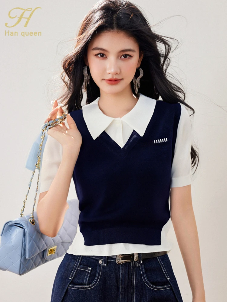 

H Han Queen New 2025 Summer Tops Fashion Color Blocking Simple Casual Tees Woman Clothing Korean Knitting Short Sleeve T-Shirts