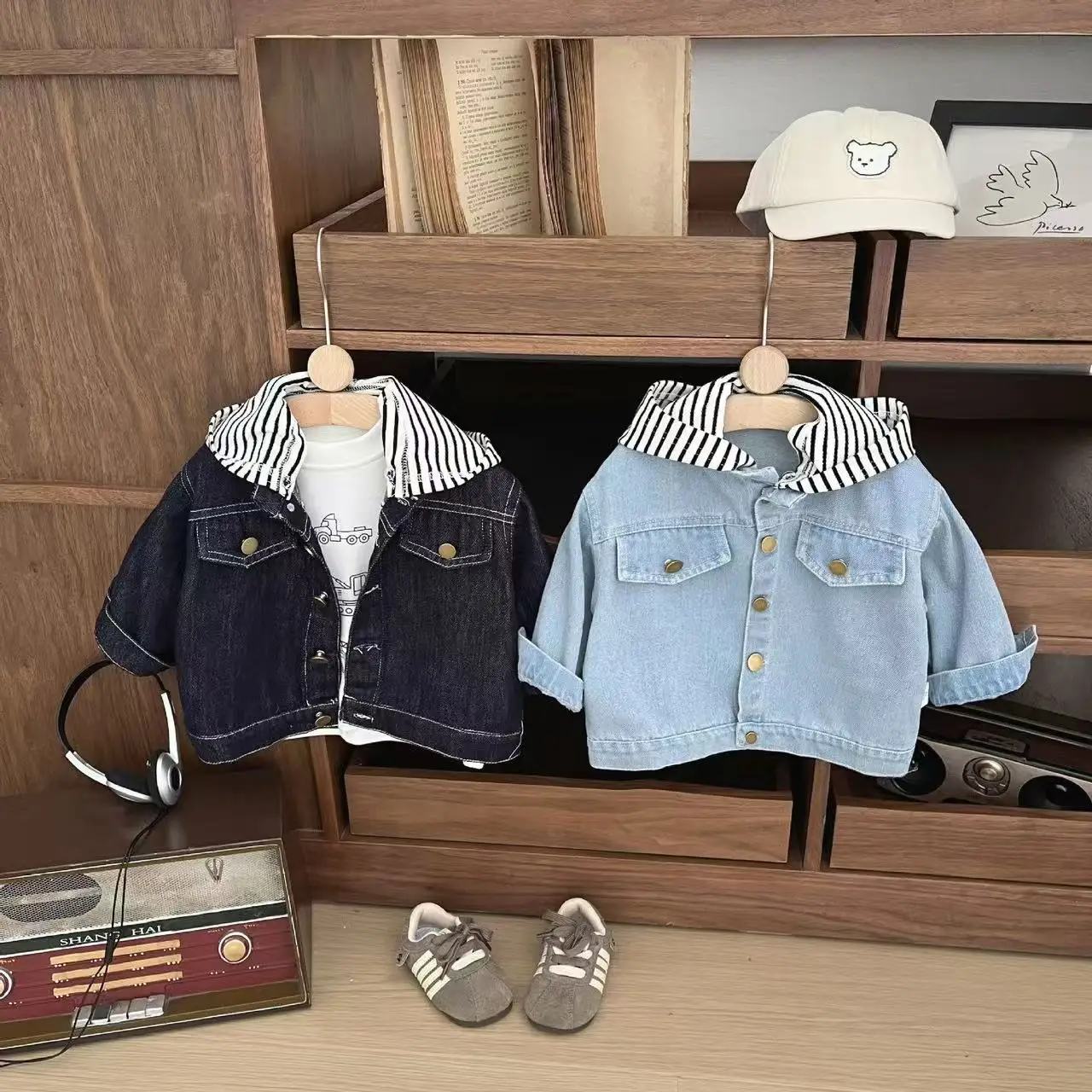 الكورية الأولاد الدنيم ربيع 2025 جديد وسيم الأطفال الصغار عندما تكون المألوف مقنعين قمم عارضة مطابقة سترة