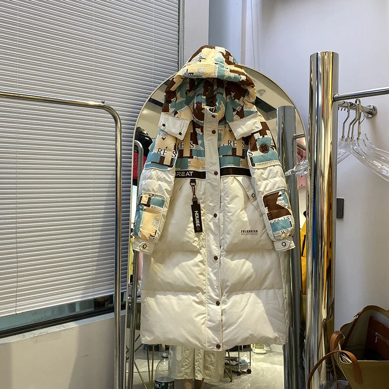 Winter Long Letter Print Hooded Parker Down Jacket Female Big Pocket Warm Knee Length Outwears Women White Duck Down Jacket Coat