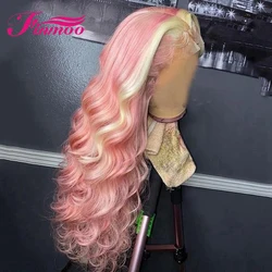 Peluca de cabello humano de color, con cierre frontal de onda suelta postizo, Remy brasileño, color rosa, ombré, encaje transparente, 180 de densidad