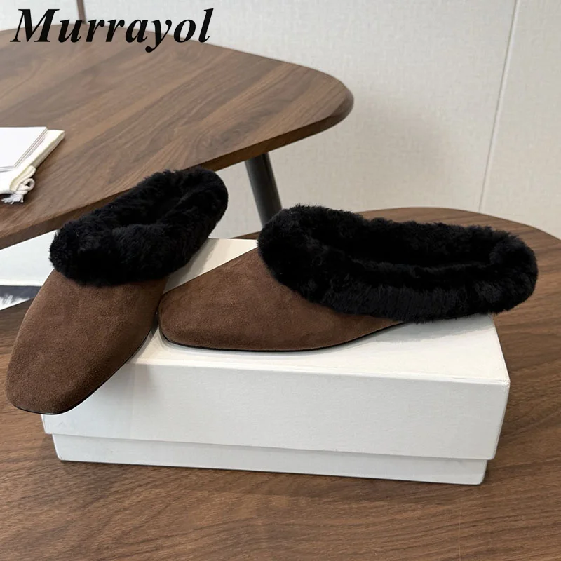 Flats Lazy Mules Women Cow Suede Closed Toe Wool Lining Half Slippers Ladies Autumn Winter Outdoor Vacation Walking Shoes 2026