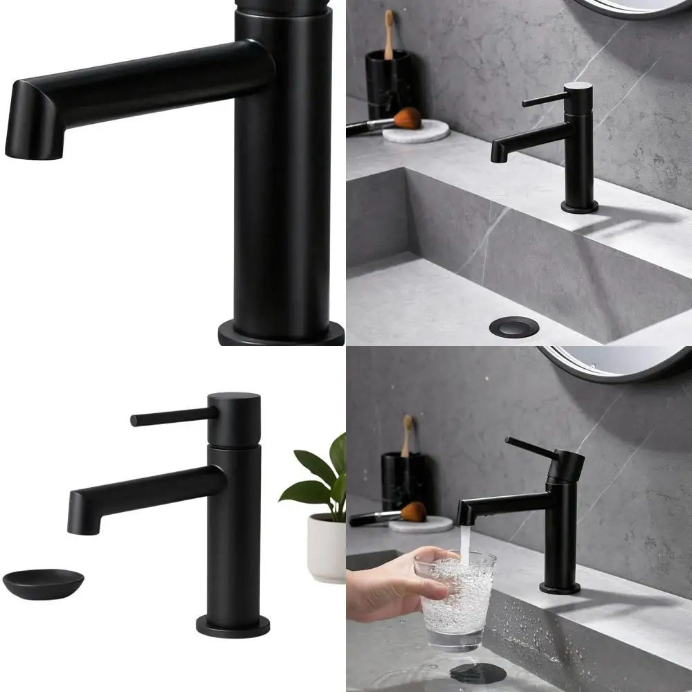

Matte Black Single Hole Brass Bathroom Faucet with Pop-Up Drain and Supply Hose