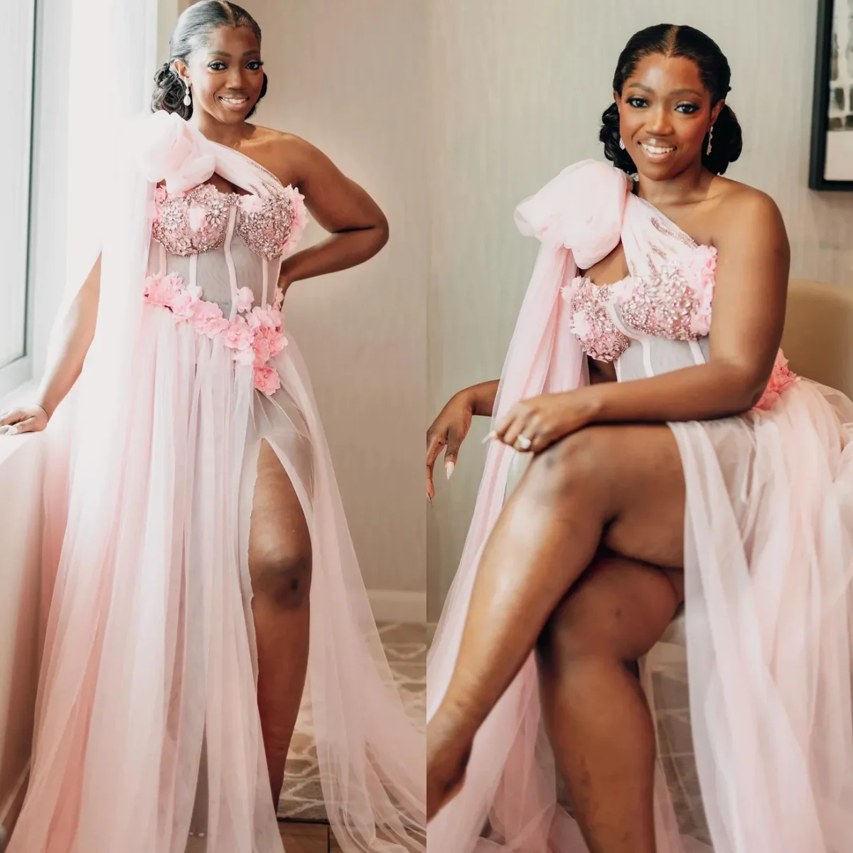 Pink Tulle Wedding Robe Women Nightgown Appliqued Bridal Gowns Photo shoot Bride Dressing Gown for Photography