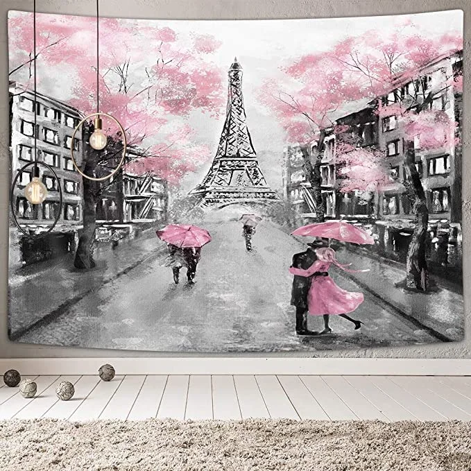 VIKAMA  Romantic Oil Painting Style Eiffel Tower & Pink Umbrella Print Wall Hanging, for Living Room Bedroom Decor