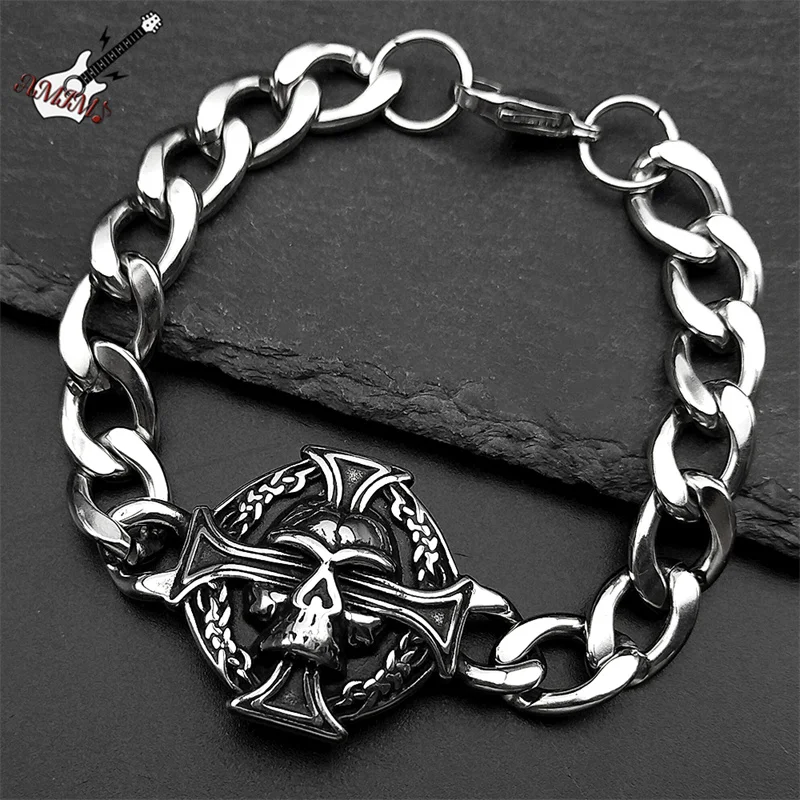 

Punk Hip Hop Stainless Steel Skull Ghost Head Bangles For Men Black Vintage Male Cuban Chain Bracelet Jewelry Halloween Gift