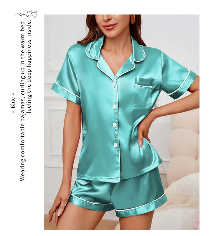 Luxuriöser Satin-Pyjama für Damen, Umlegekragen, Knopfleiste und Shorts, Nachtwäsche und Loungewear für den Sommer, Heimkleidungsanzug – Detail 6