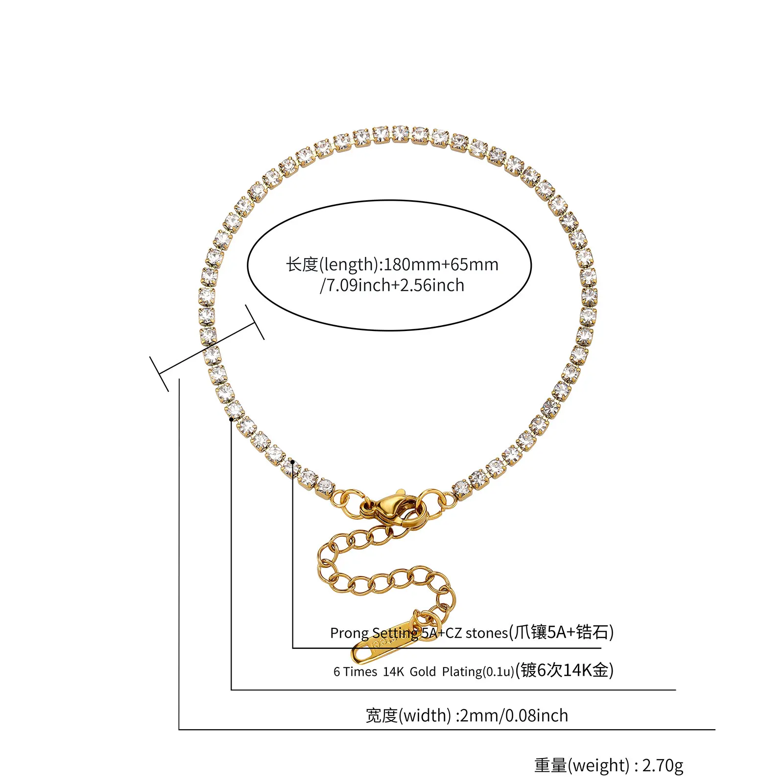TOPGRILLZ 2MM Waterproof Stainless Steel Tennis Chain Adjustable Rhinestone Bracelet Shiny Crystal Chain on Hand Sexy Accessorie