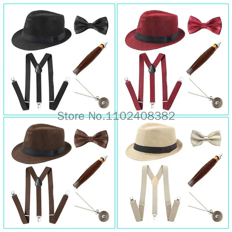 1920s Mens Cosplay Gangster Costume Accessories Set Manhattan Hat Suspenders Pre-Tied Bow Tie Fake Plastic Cigar Pocket Watch