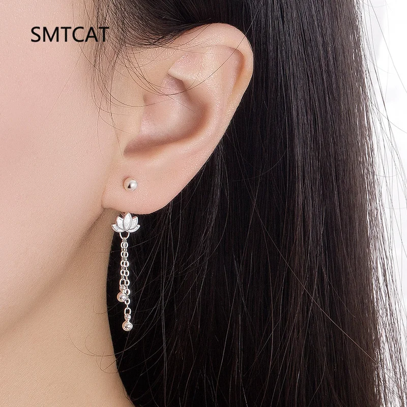 حقيقي 925 فضة زهرة اللوتس شرابة سلسلة الخرز المسمار وأقراط للنساء حفل زفاف غرامة مجوهرات