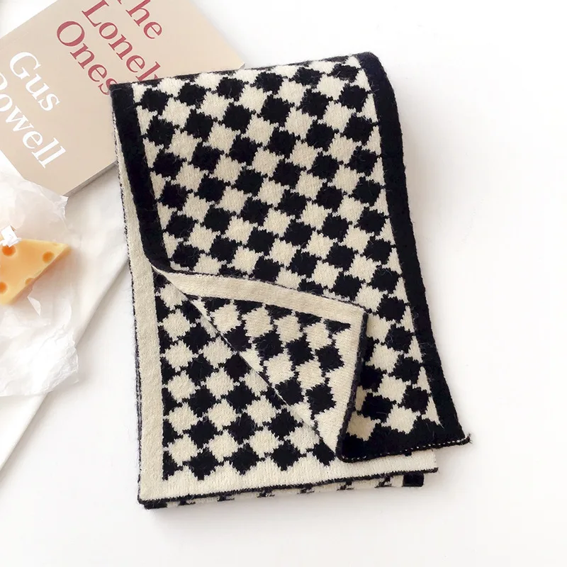 Scarf Houndstooth Knit Blend Warm Thick Oversize Winter Autumn Unisex Teen School Korean Style Soft Durable High Quality