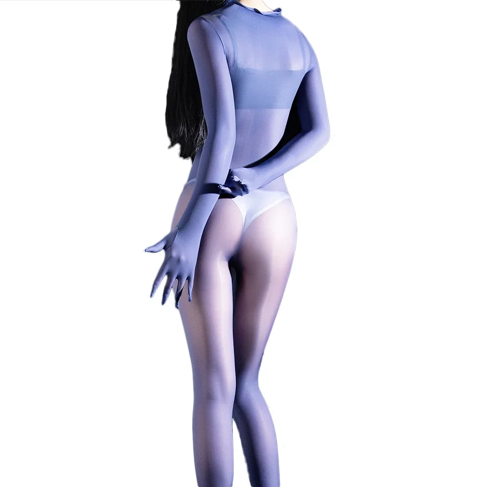 

Women 5D 912PIN Open Crotch Bodysuit Yoga Shaping Elastic Tights Smooth Oil Glossy Shiny Glove Sleeve Leggings Maid Leotard