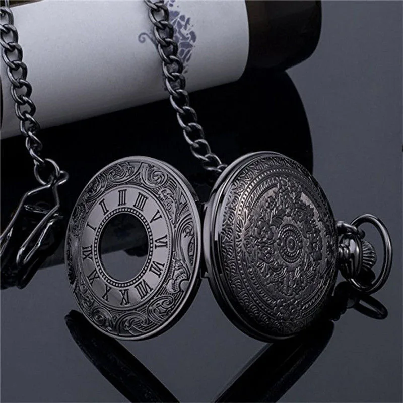 10pcs/lot الرقم الروماني خمر ساعة الجيب السوداء للجنسين أزياء Steampunk كوارتز ساعة الجيب قلادة قلادة مع سلسلة ساعة