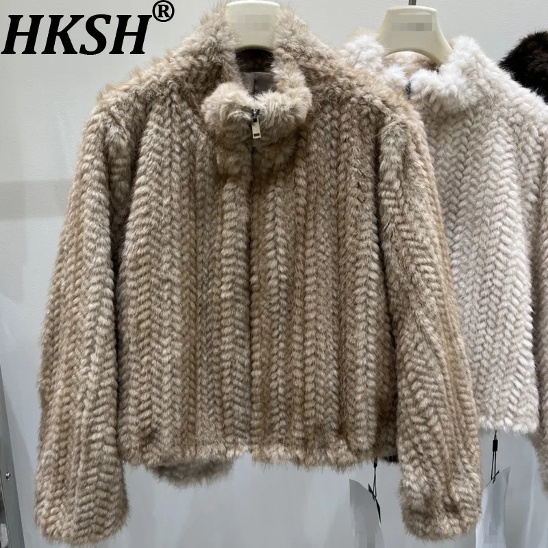 HKSH Women Faux Fur Coat Vintage Fashion Zipper Design Stand Collar Solid Color Elegant Loose Casual Ins Warm Jacket New HK28832