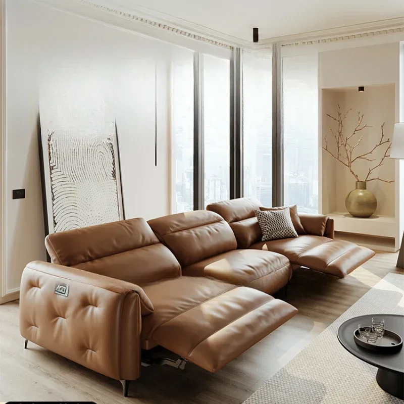 Electric functional sofa, zero wall living room, modern simple small apartment, first layer cowhide, retro brown