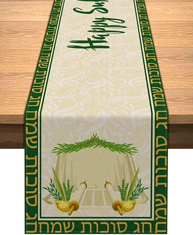 Linen Happy Sukkot Decorative Table Runner Jewish Holiday Party Home Dinner Table Decor Table Runner Kitchen Home Decor