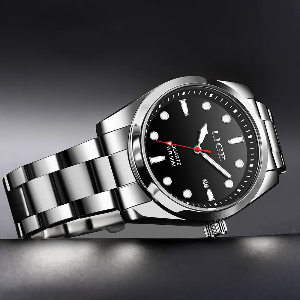 LIGE Fashion Top Brand Luxury Watch Men 50M Luminous Waterproof Watch Green Stainless Steel Sport Mens Watches Date Quartz Clock