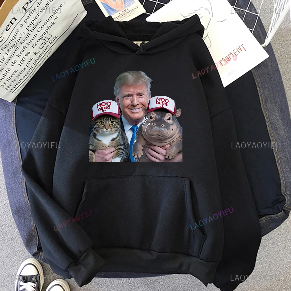 Trump with Moo Deng The Hippo Hoodie Women Vintage Harajuku Retro Hoodies Unisex Autumn Winter Comfort Pullover Sweatshirts