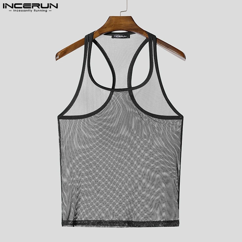 INCERUN Herren Mesh-Tanktops Lässige Einfarbige U-Ausschnitt Männer Sexy Westen Sommer Ärmellose Tops Attraktive Durchsichtige Herrenbekleidung – Detail 9