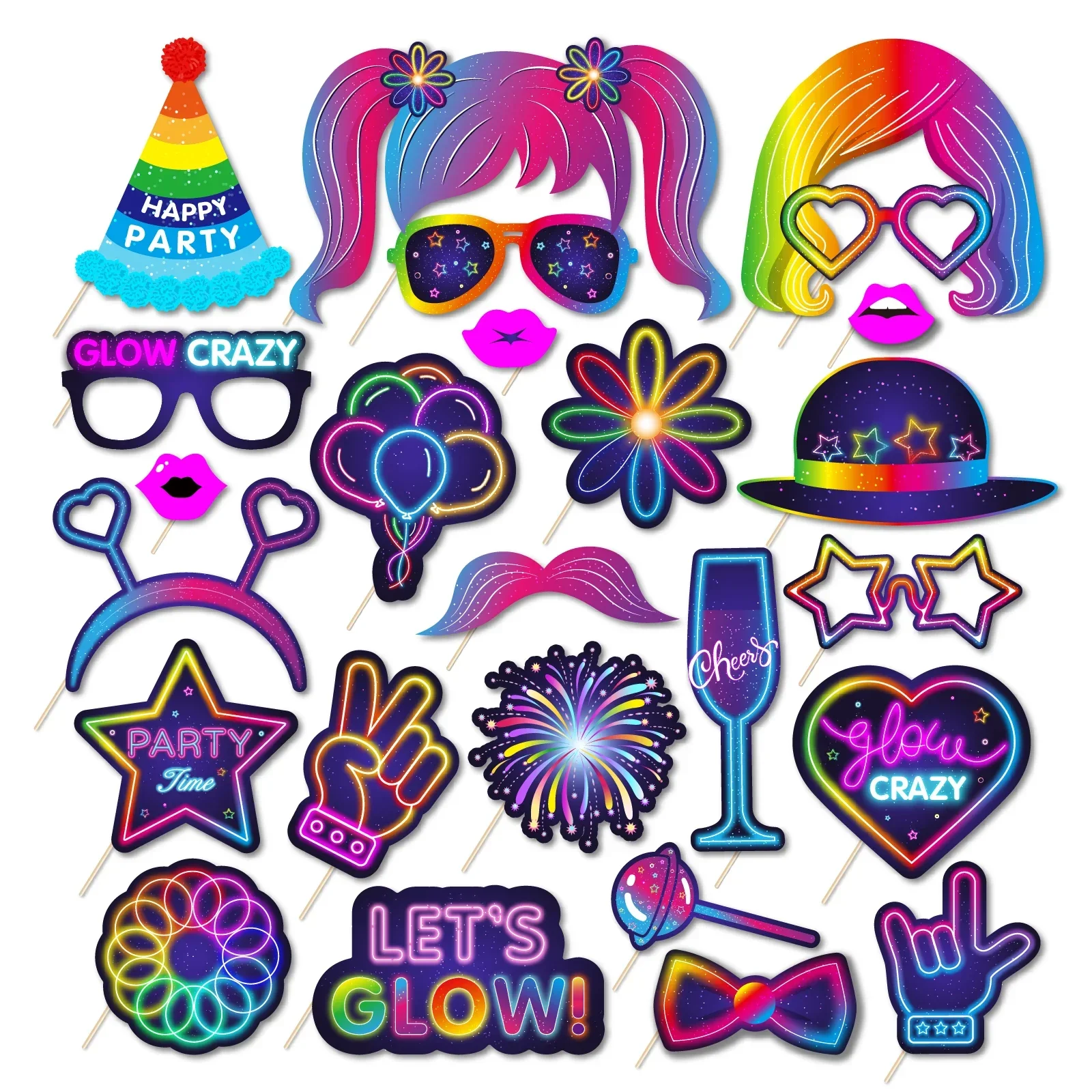 Glow Crazy Party Photo Booth Props Music Club Colorful Graffiti Birthday Party Funny Glasses Lips Hat DIY Photo Shoot Prop Decor