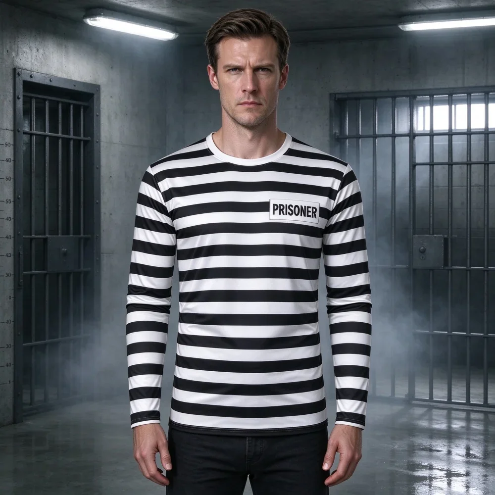 Black White Striped Prison Long Sleeve T-Shirt Funny Halloween Cosplay Prisoner Costume Men Women Fashion Crew Neck Unisex Tops