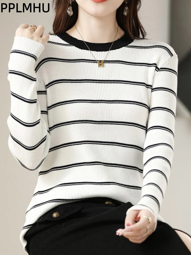 

Женский повседневный модный свитер с круглым вырезом, контрастными полосками, длинными рукавами и вязаным низом в стиле пэчворк