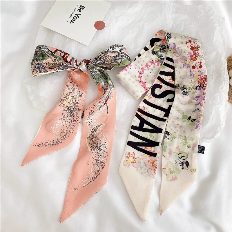 French Tarot Spring New Versatile Plants and Flowers Women\'s Twill Silk Small Scarf Wrap Hand  Tie Bind a bag Ribbon Hair Band