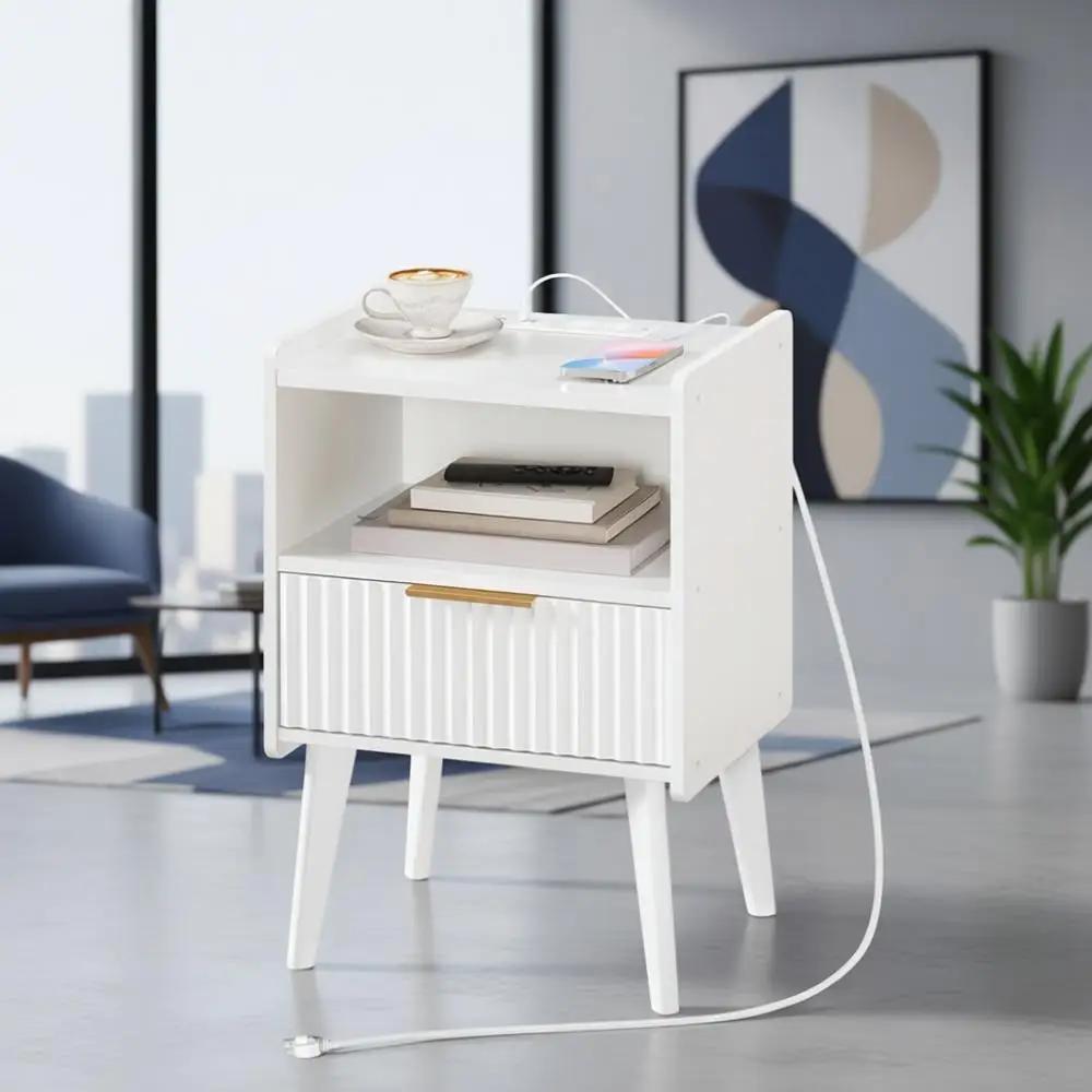 White Nightstand with Charging Station, Modern Bedside Table with Drawer and Storage Shelf, End Side Table with Solid Wooded Leg
