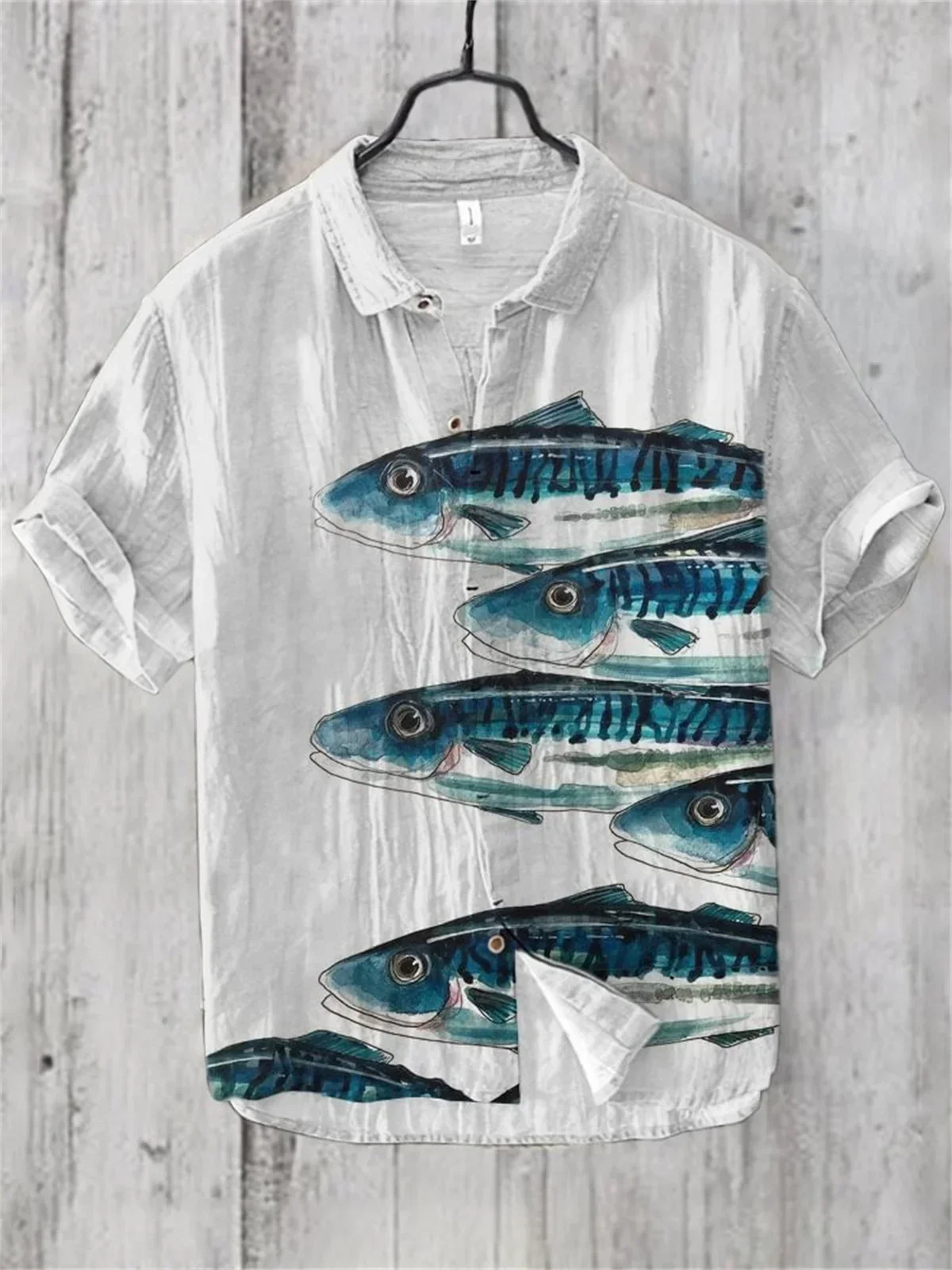 Men\'s Hawaiian Style Retro Fish Print Short Sleeved Shirt, Casual Linen Top, Loose and Breathable, Fashionable