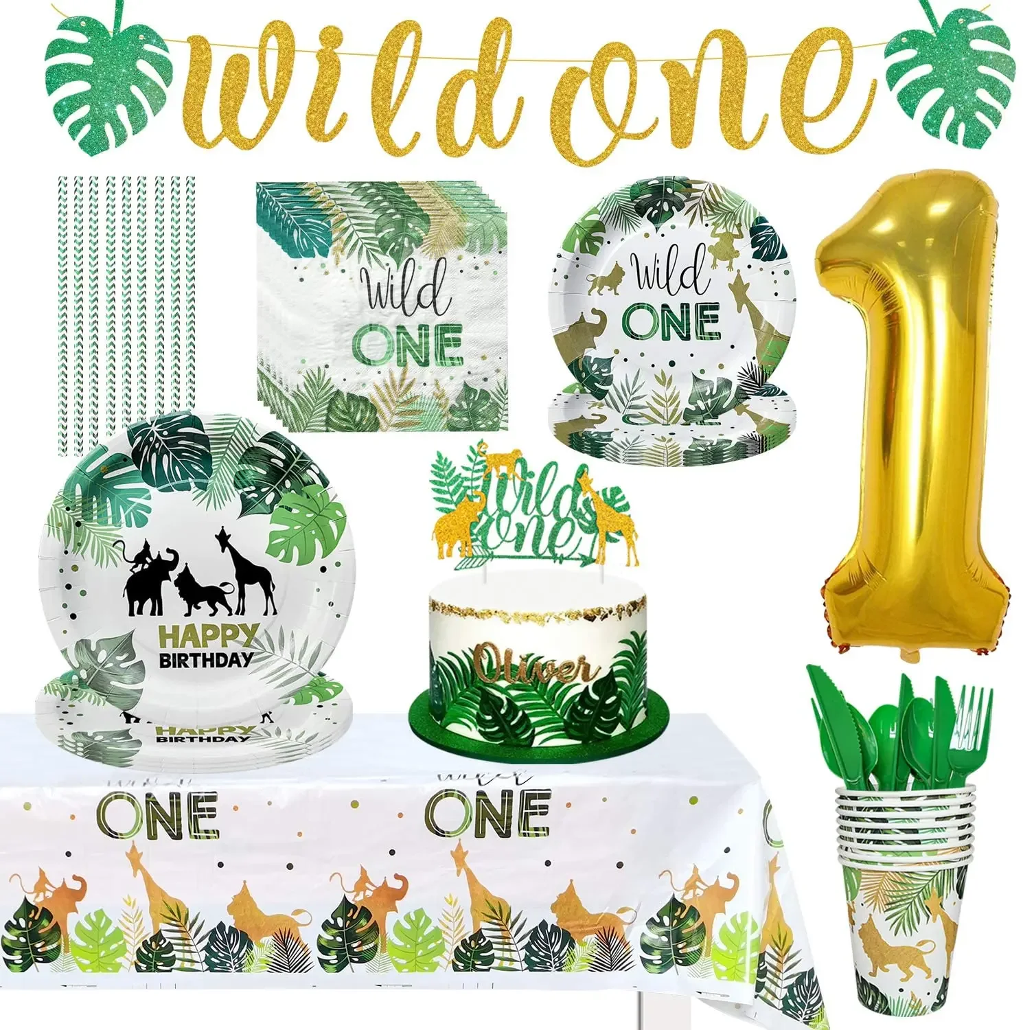 Wild One Birthday Decor Disposable Tableware Set Cups Plates Napkins Flags Cake Topper Balloons Jungle Theme Party Supplies