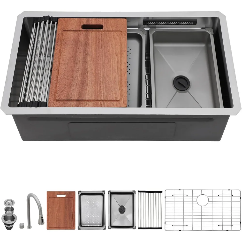 حوض مطبخ من الفولاذ المقاوم للصدأ بقياس 16 مع حافة شلال ومحطة عمل، 33 بوصة، متعدد الوظائف للطهي الحديث #4