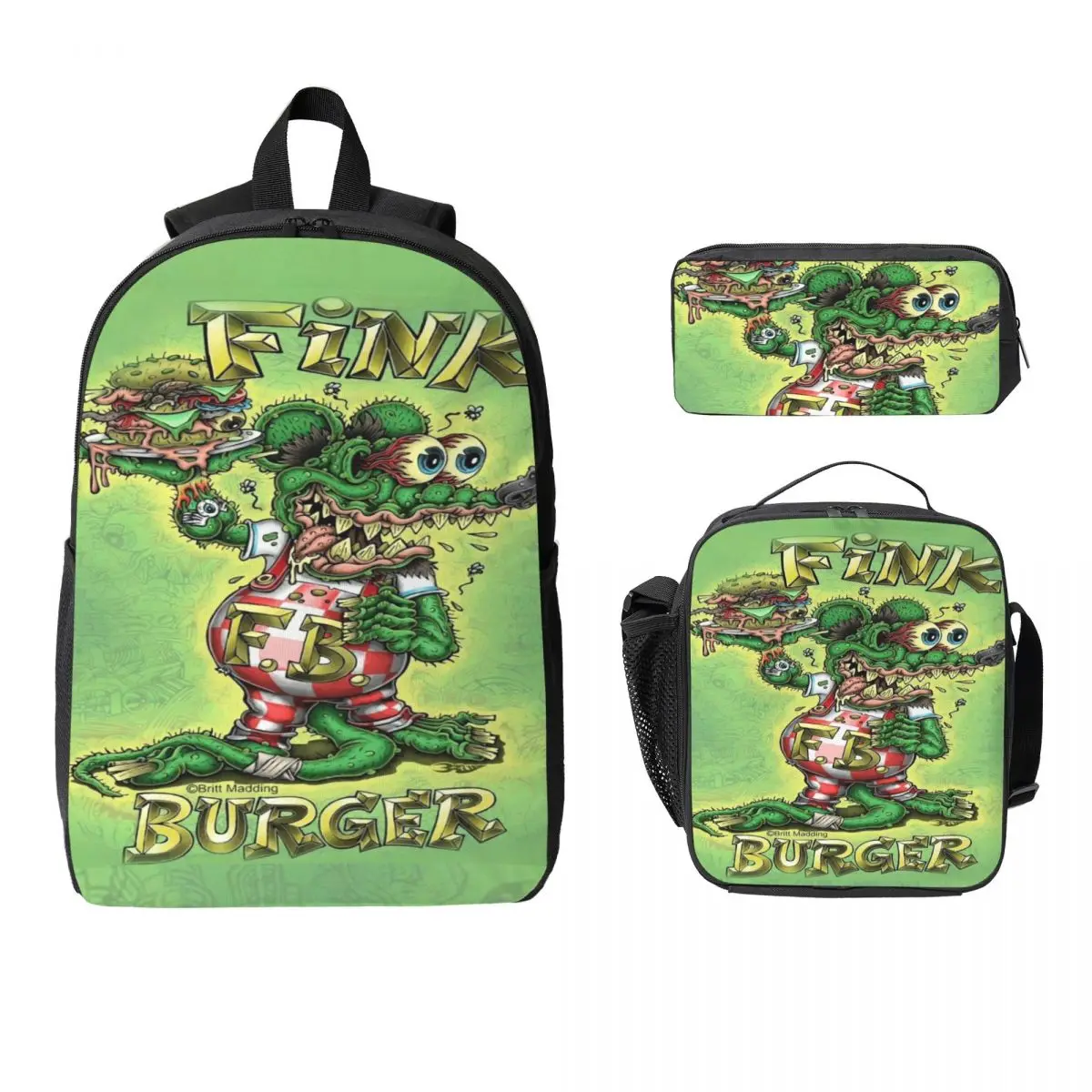 

3Pcs Rat Fink merch Backpack Set for Children Pencil Boxes Bookbag Sets with Lunch Box For School Students Knapsack