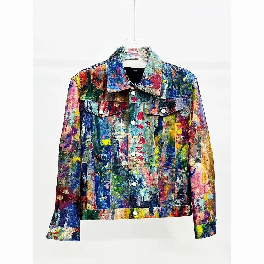Spring and Autumn Personality Painting Graffiti New Denim Jacket Color Fashion Versatile Loose Casual