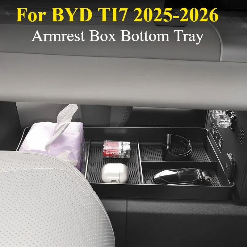 For BYD TI7 2025-2026 (Fangchengbao Ti7): Armrest Box Bottom Tray - ABS Dual-Compartment Organizer, Rigid Insert