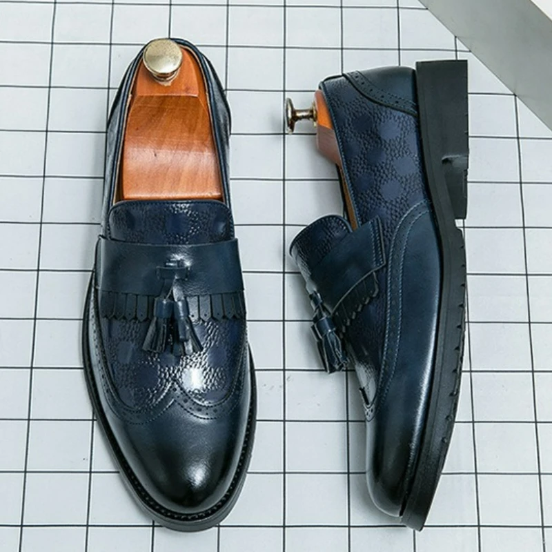 

Men's Dress Shoes Pointed Toe Oxford Shoes Fashion Leather Business Loafers Office Party Brogue Shoes Tassels Slip on Men Flats