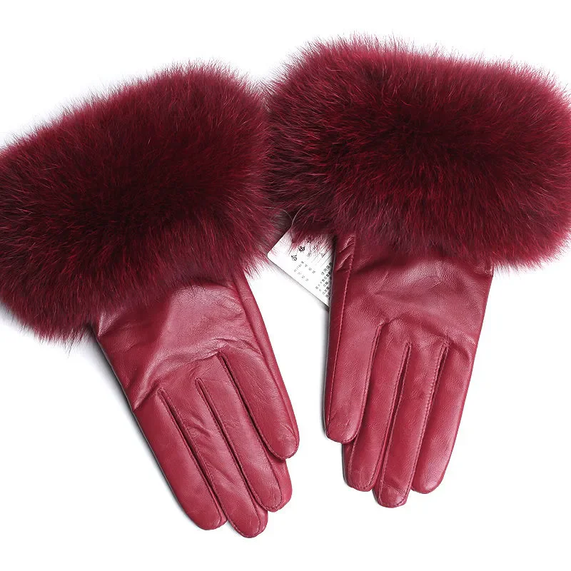 100% Real Leather Women's Big Fox Fur Gloves Fall Winter Plus Velvet Female Fashion Plus Velvet Warm Sheepskin Outdoor Gloves