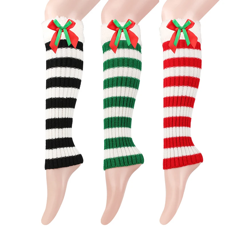 〔CC88〕Christmas Stockings Red Green Striped Pantyhose Stretch Leggings Party Costume Y2K Knit Knee-high Long Tights Socks