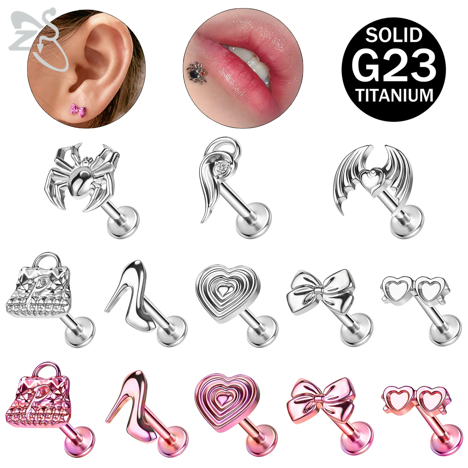 

ZS 1 PC Pink Titanium Steel Labret Lip Piercing 16G Punk Spider Wing Stud Earring Cartilage Tragus Helix Piercings Jewelry 8MM