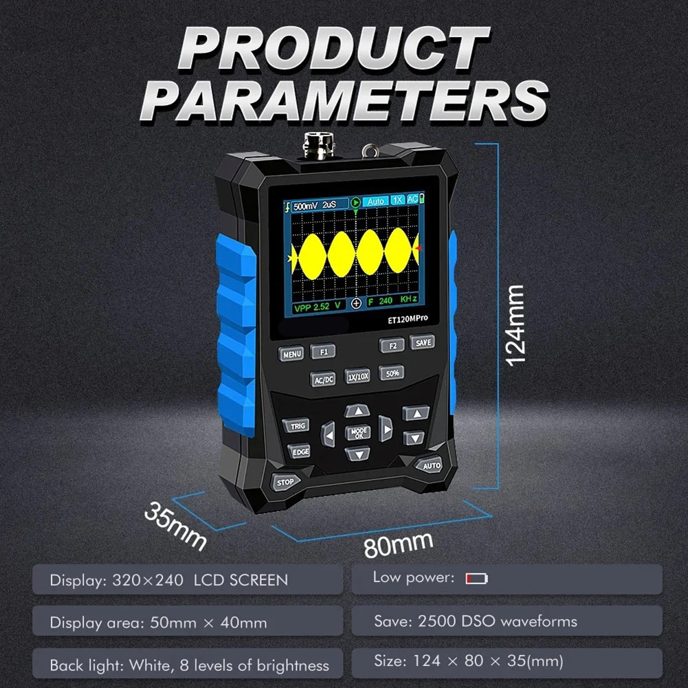 Black Blue Automotive Oscilloscope Compact Rechargeable Oscilloscope Tester Waveform Analyzer 500MS s Sampling Rate