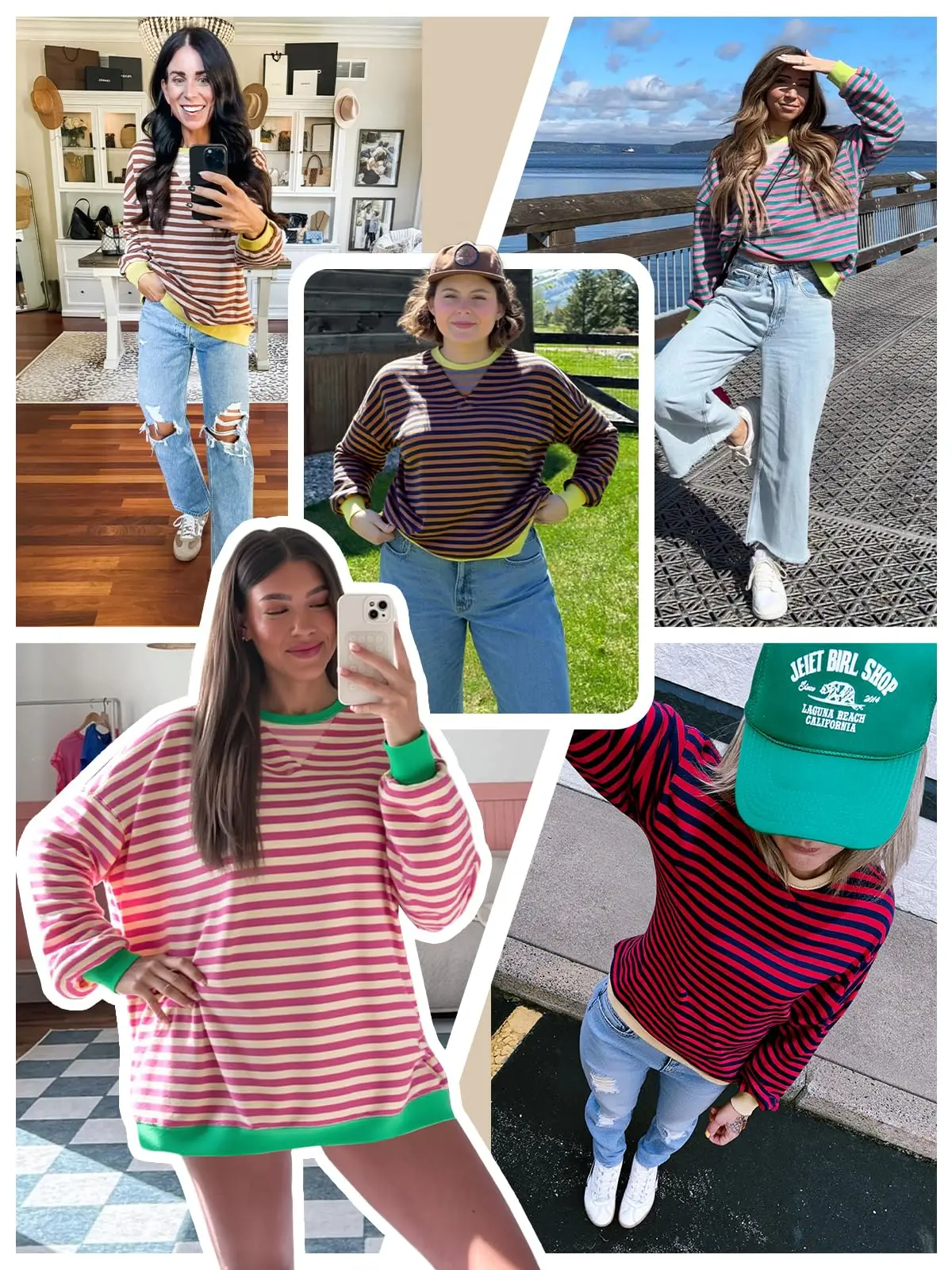 Fisoew Womens Striped Oversized Sweatshirt Color Block Crew Neck Long Sleeve Shirt Casual Loose Pullover Top Y2K Clothes