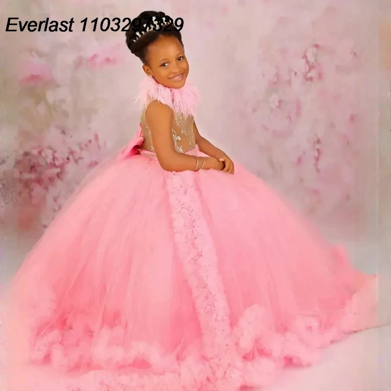 EVLAS African Flower Girl Dress Feather Lace Girl's Dress for Wedding Bow Birthday Party Communication Gowns Ruffled Kids TFD135