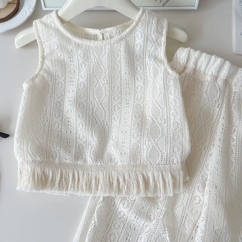 Summer Girls Suits Sleeveless Lace Shirt+Pants Princess Clothes Two Piece Sets Sweet Toddler Girl Kids Clothing Set 2-7Yrs