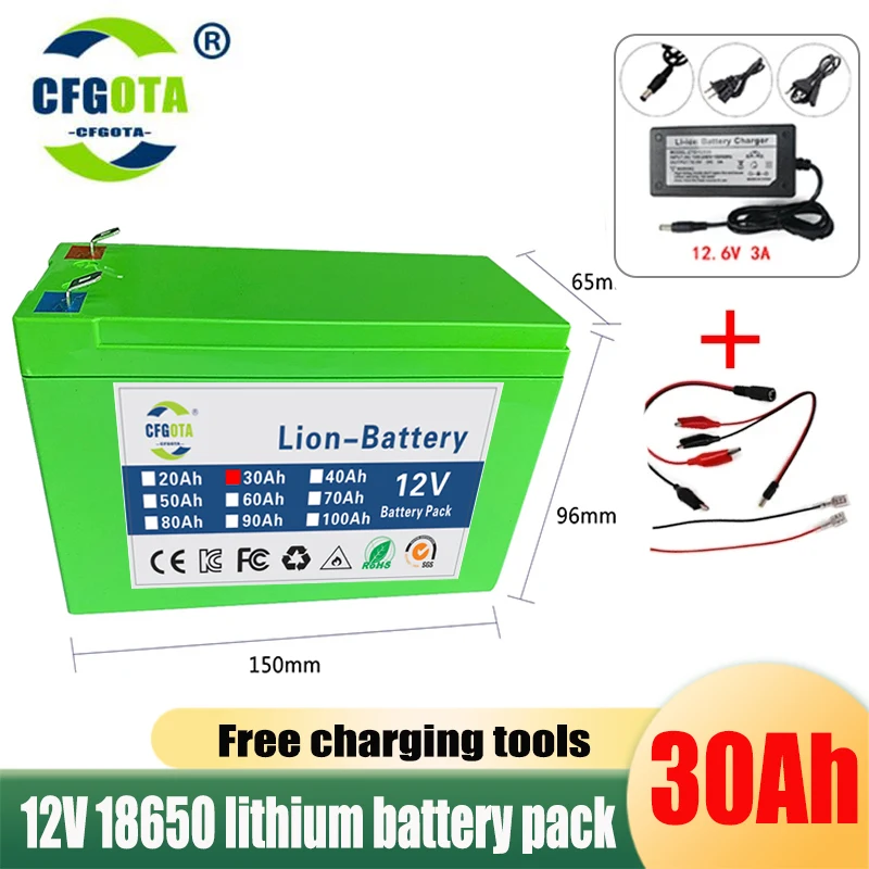 12v 18650 Li-ion rechargeable battery pack DC 12.6V 30Ah battery with EU plug + 12.6v 3a charger + cr123a DC bus head cable