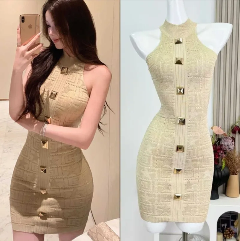 مثير محبوك فستان بلا أكمام المرأة الرسن الرقبة الجوف خارج قبالة الكتف فستان قصير Bodycon