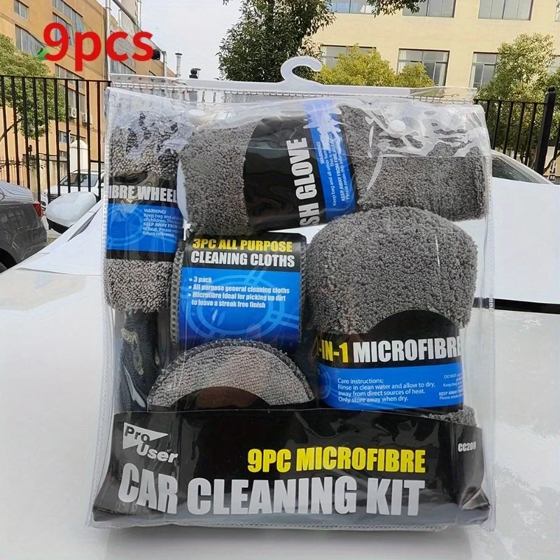 

9pcs Ultimate car maintenance kit: premium microfiber towels, car wash gloves, detail cloths, waxing sponges, and wheel brushes