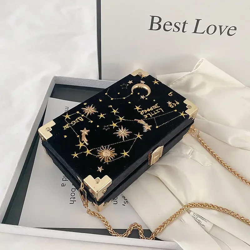 Velvet Small Square Bag For Women 2024 New Korean Embroidery Fashion Versatile Chain Single Shoulder Messenger Box Bag